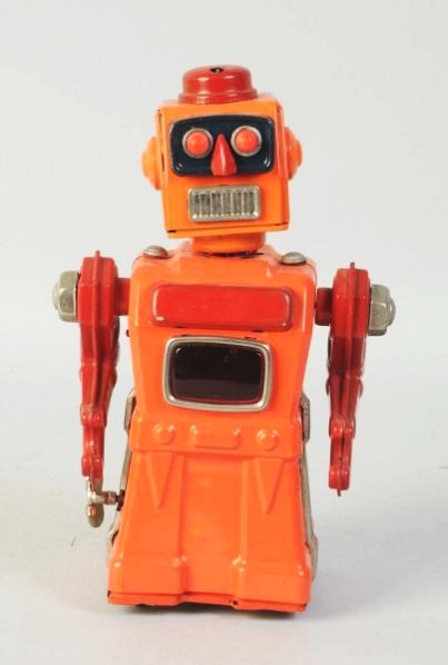 Painted Tin Wind-up Tremendous Mike.: Orange version. Made in Japan by Aoshin Shoten. The orange part of the head is a professional re spray. Paint touch up on the orange body as well. Red chest plate is a re spray. Toy (Good - Very Good)
