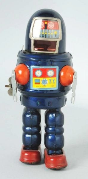 Tin Litho & Painted Wind-up Roby Robot.: Made in Japan by Yonezawa. Working. One small factory flaw on the back of the robot. Toy (Excellent - Near Mint). Size 8" T.