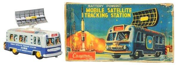 Tin Litho Mobile Satellite Tracking.: Battery operated. Cape Canaveral. Made in Japan by Yonezawa. Working. Includes original box. Could clean to a better grade. Some scratching where the antenna rotates. Box is missing one entire end pan