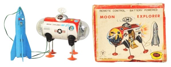 Tin Litho Moon Explorer M-27.: Battery operated. Made in Japan by Yonezawa. Working. Includes original box. Has some scratches throughout. One crack to the front dome and some scuffing to the back dome. Rocket remote has some disco