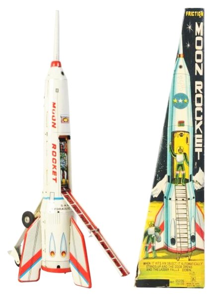 Tin Litho Friction Moon Rocket.: Made in Japan. Working. Includes original box. Some minor factory touch up on the fins. Original price tag on the rocket. Box has a small puncture to the face and one corner tear. Toy (Excellent - Nea
