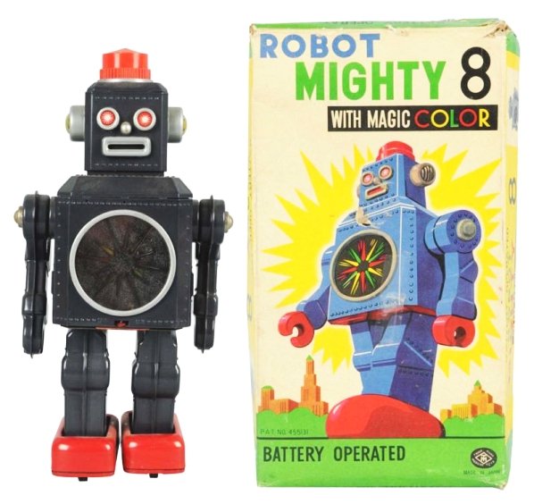 Tin Litho & Painted Mighty 8.: Battery operated. Made in Japan by Masudaya. Working. Includes original box. The on/off Switch is a replacement. Has a few areas of factory touch up and a few small dents to the battery door. Box has 