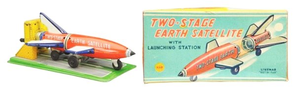 Tin Litho Friction Crank-Wind Earth Satellite.: Made in Japan by Linemar. Working. Includes original box. Box has some slight fading and a couple of small punctures to the top of the box and some creasing. Comes with original inserts and the origin