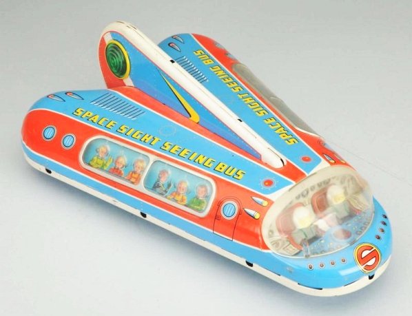 Tin Litho & Painted Space Bus.: Battery operated. Site seeing bus. Working. Some fogginess to the plastic windows and a crack through one of the widows. Some light scratches throughout. Some tape residue to the base of the toy. Toy 