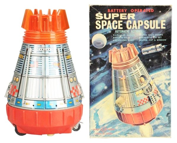 Japanese Super Space Capsule.: Battery operated. Includes original box with some creaing and fading. Toy is marked "United States". When in operation, door opens to reveal astronaut. Made by S.H. Japan. Condition (Very Good). Size 