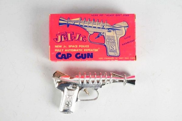 Scarce Jet Jr. Space Type Cap Gun.: Includes extremely scarce original box marked "J & E Stevens Co." Beautiful chromed gun. Box has unusual colors and nice depiction of gun. Box has minor creasing and wear. Very little wear to gun. Con