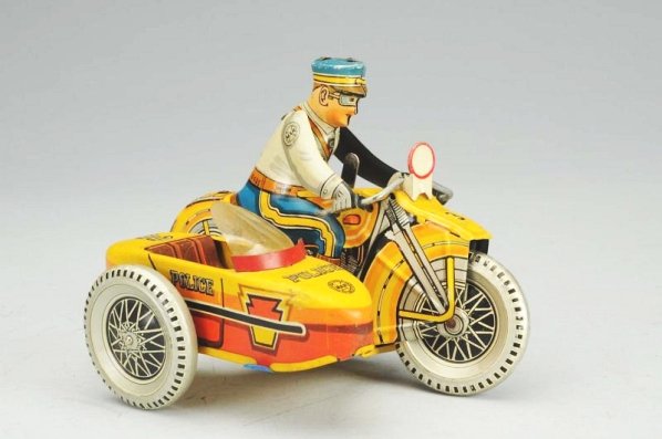 Marx Tin Litho Wind-up Police Squad Motorcycle.: Version with side car has original plastic windshield. Does have some cloudiness and small crack. Includes original colorful box. Box has some waviness. Cycle marked No.3 Police Cycle and Marked Polic