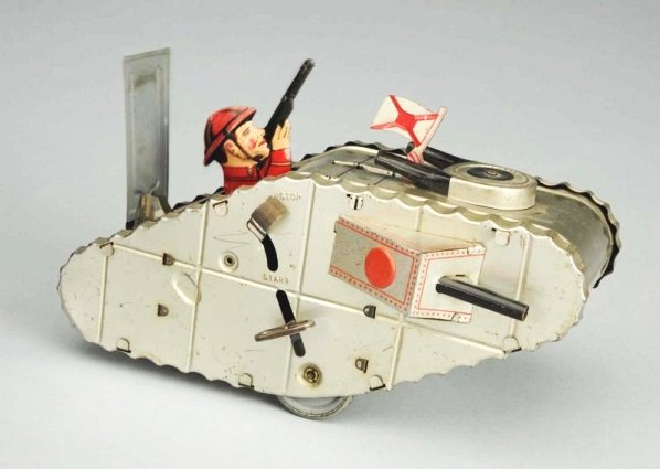 Marx Tin Wind-up Doughboy Tank with Box.: Toy is all original including original flags and cannons. Does have play wear. Comes with original box missing one end flap. Condition (Very Good). Size 9 - 1/2" L.