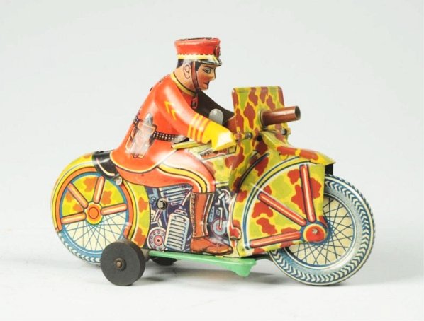 Marx Tin Litho Wind-up Soldier Motorcycle Toy.: Includes original box that is complete but does have some tearing, creasing, and one or two pieces of tape. Toy has nice litho. Some minor scratching and wear. Condition (Very Good - Excellent). Size 