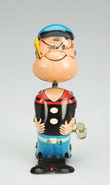 Linemar Tin Wind-up Popeye Nodder.: Toy is all original. Does have some slight scratching. Has nice color and litho. Scarce toy. Condition (Excellent). Size 5" L.