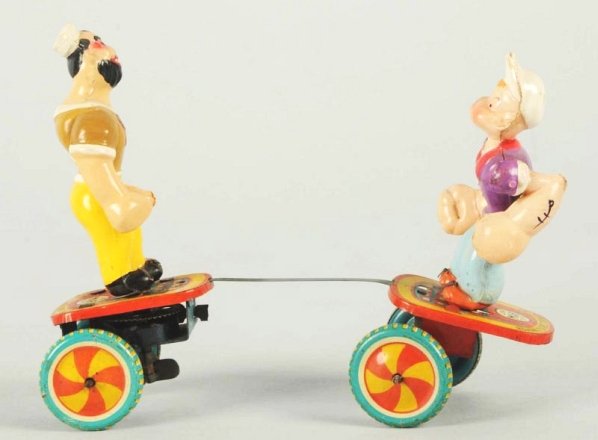Linemar Popeye & Mean Man Fighting Toy.: Toy has restoration to both figures. Base for toy is original. Has some play wear. Condition (Good - Very Good). Size 5 - 1/2" L.
