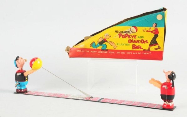 Linemar Tin Wind-up Popeye & Olive Oil.: All original. Does have some slight corrosion and scratching to Olive Oil figure. Some overall edge wear and scratching. Does come with original box. Original box has a partial top flap and creasing. 