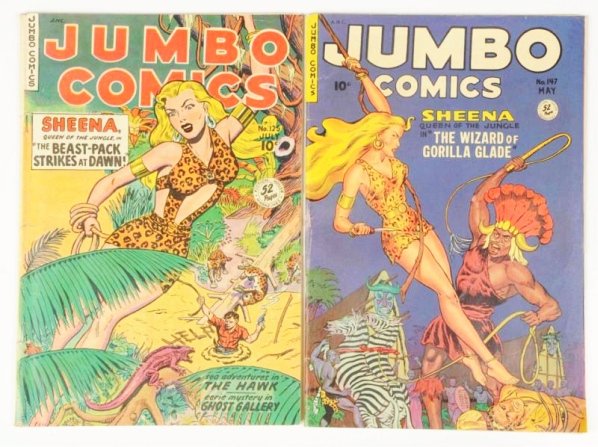 Lot of 2: 1940s - 1950s Jumbo Comics.: Includes #125 and #147. Issue #125 retains some cover gloss and the pages are cream. It has loosening at the staples and a moderate roll. Issue #147 retains most cover gloss and the pages are white to