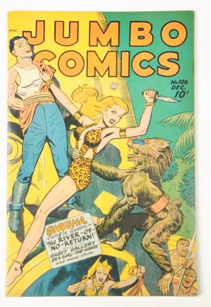 1947 Jumbo Comic Book #106.: This book retains cover gloss and the pages are cream to tan. It is tight at both staples. There is an area of discoloration along the top edge of the back cover. Condition (Very Good).