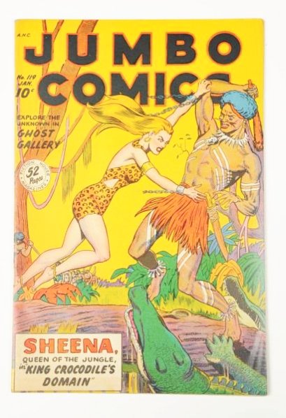 1949 Jumbo Comic Book No.119.: This Jumbo Comics No.119 retains most cover gloss and is slightly loose at the top staple. The pages are cream and there is an area of slight discoloration to the back cover. Condition (Good).