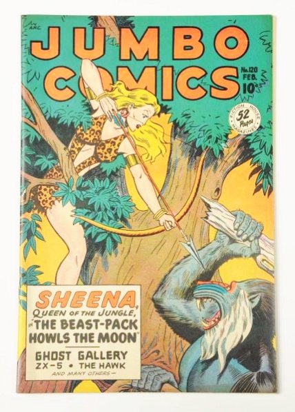 1949 Jumbo Comic Book No.120.: This Jumbo Comics No.120 retains cover gloss and is tight at the staples. The pages are off white. There is a very small area of discoloration to the back cover. This is a very nice issue. Condition (