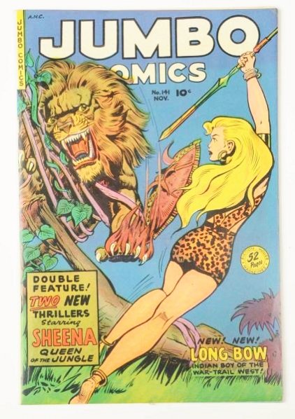 1950 Jumbo Comic Book No.141.: This Jumbo Comics No.141 retains cover gloss and is slightly loose at the top staple. The pages are off white and there is a date stamp on the back cover. Condition (Very Good).