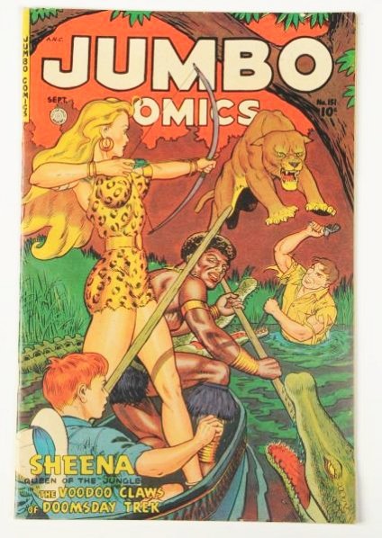 1951 Jumbo Comic Book No.151.: This 1951 Jumbo Comics No.151 retains cover gloss and is slightly loose at the staples. The pages are off white. There are several tears to the back cover that effect the last five pages of the comic.