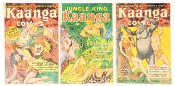 Lot of 3: 1940s - 1950s Kaanga Comics.: Includes issues #1, #2 and #8. Issue #1 has a rolled spine, a few small tears and chips, and some soiling to the cover. There is loosening at the staples. The pages are cream. Issue #2 retains most co