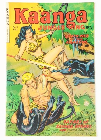 1952 Kaanga Jungle King Comic Book #13.: This book retains cover gloss and the pages are white to cream. It is tight at the staples. There is a small crease at the lower right hand corner of the cover. Condition (Good).
