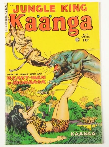 1951 Kaanga Jungle King Comic Book No.7.: This 1951 Kaanga No.7 retains cover gloss and is tight at the staples. The pages are cream and there is a date stamp on the back cover. Condition (Very Good).