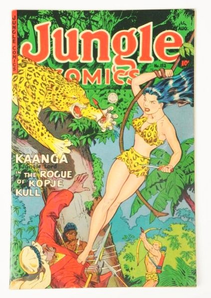 1952 Jungle Comics #152.: This book retains cover gloss and is very bright and intense. The pages are white to cream. It is tight at the staples. There is one tiny chip along the spine and a date stamp on the back cover. Condi