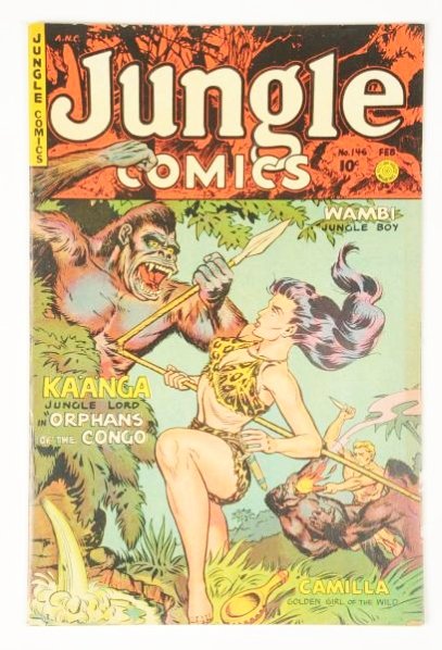 1952 Jungle Comics #146.: This book retains cover gloss and the pages are white. It is tight at the staples. There is minor discoloring and chipping along the right edge. There is also a date stamp on the back. Condition (Very