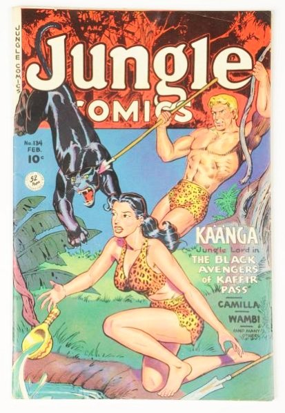 1951 Jungle Kaanga Comic Book #134.: This book retains cover gloss and the pages are cream. There is a slight loosening at the top staple. There are a few small creases along all the edges. There is a date stamp on the back cover. Condit