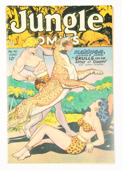 1947 Jungle Kaanga Comic Book No.90.: This 1947 Jungle Kaanga Comic No.90 retains some cover gloss and is tight at the staples. The pages are cream to tan. There is some discoloration to Kaanga and the leopard on the cover. This could be 