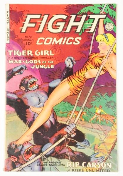 1951 Fight Comics #73.: This book retains cover gloss and the pages are white to cream. It is tight at the staples. Both staples do have some rust. Condition (Good).