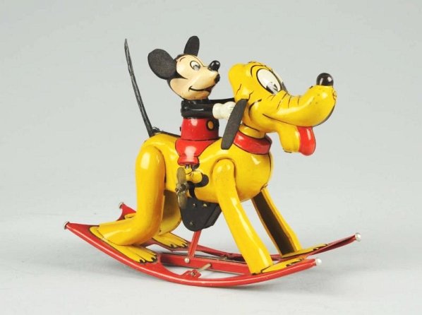 Linemar Tin Litho Wind-up Mickey Mouse Rocker Toy: Toy has all ears and tails replaced. Minor scratching and wear throughout. Condition (Very Good). Size 6 - 3/4" L.