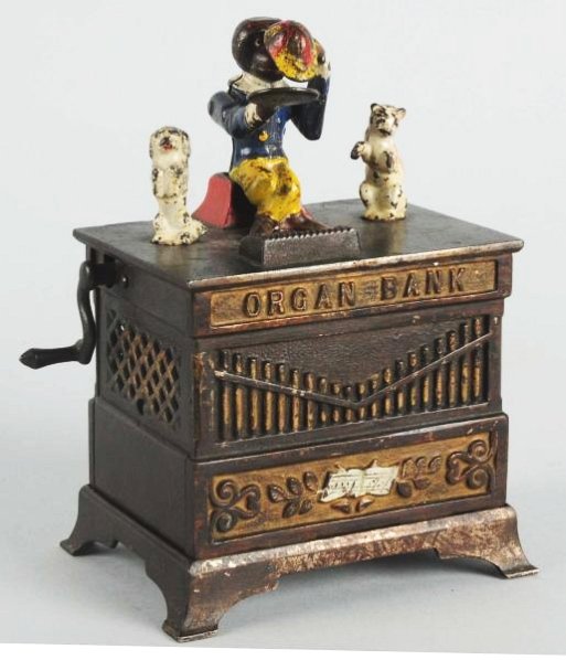 Cast Iron J&E Stevens Organ Bank.: Cat and dog. Original trap. Condition (Excellent). Size 7 - 1/4" T.