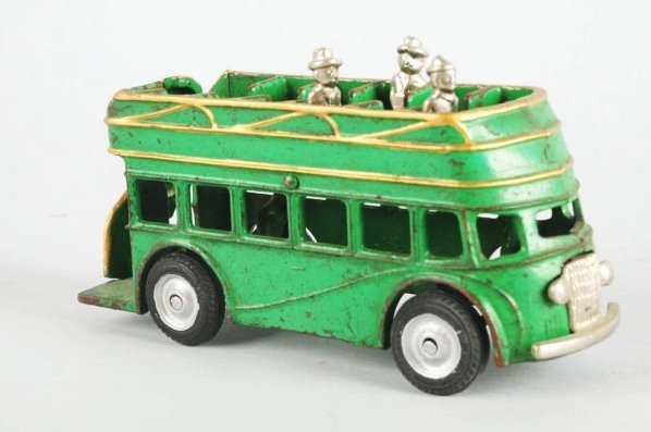 Cast Iron Arcade Double Decker Bus.: Replaced figures, one tire and rear steps. Touch up to silver and gold. Condition (Good). Size 8" L.