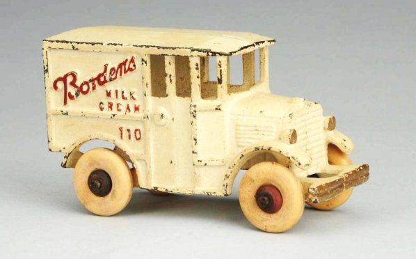 Cast Iron Hubley Bordens Milk Truck.: Replaced tires. Paint appears to be early repaint. Condition (Excellent). Size 5 - 3/4" L.