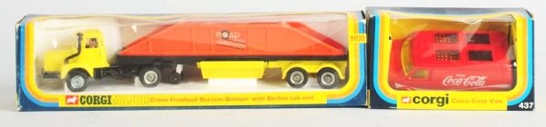 Lot of 2: Die Cast Corgi Vehicle Toys.: Both with later boxes. No.1102 Crane Bottom Dumper which is a Major Toy and a No.437 Coca-Cola Van. Both have some push ins to plastic. One tear to plastic of crane box. Some edge wear. Condition (Ver