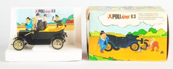 Lot of 5: Die Cast Corgi Character Vehicles.: One is a Poli toy Laurel and Hardy car and a set of four Corgi Muppets cars including Kermit, Fozze, Ms.Piggy and animal. Some creases to cards. Some paper loss to Poli box. Condition (Very Good). Siz