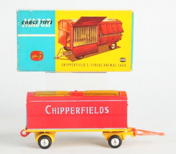 Corgi Die Cast No.1123 Chiperfield's Animal Cage.: Circus animal cage. Part of the Major Toy line. Includes original box with inserts. Has the polar bears. Some edge wear to box. Has inserts and is a lift off box lid. Condition (Excellent). Size 5 - 1