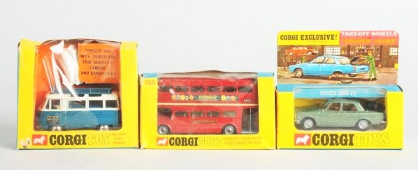 Lot of 3: Die Cast Corgi Vehicle Toys.: Includes a No.479 Scommer mobile camera van with camera and camera man, No.468 London Transport Routemaster Bus No.275 Rover 2000TC. Boxes do have some creasing and wear. Ripping to plastic on camera 