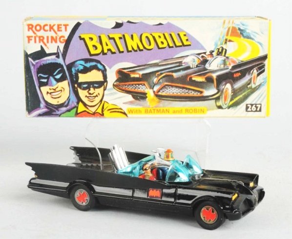 Die Cast Corgi No.267 Batmobile.: Early picture box with Batman and Robin to the left of the Batmobile car. Box is crisp as is toy this is rocket firing includes rockets. Minimal wear. Condition (Excellent - Near Mint). Size 6" L.