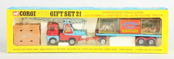 Rare Corgi Die Cast No.21 Chiperfield's Gift Set.: Includes Chiperfield's circus crane with scammell handyman cab and menagarie trailer. One of the most desirable and hardest to find of the Corgi gift sets. Some minor creasing and edge wear to box. Co