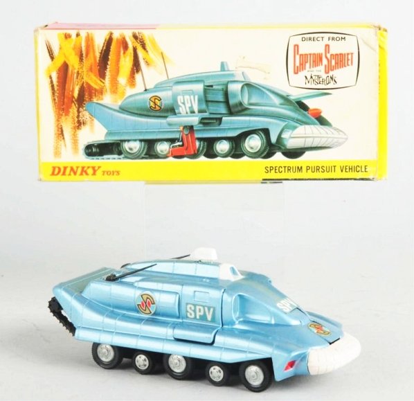 Dinky Die Cast No.104 Spectrum Pursuit Vehicle.: From the TV series Captain Scralet and the Mysterons. Has Gerry Anderso television rights written on the box. Some creasing and wear to box. Condition (Very Good - Excellent). Size 7 - 1/4" L.