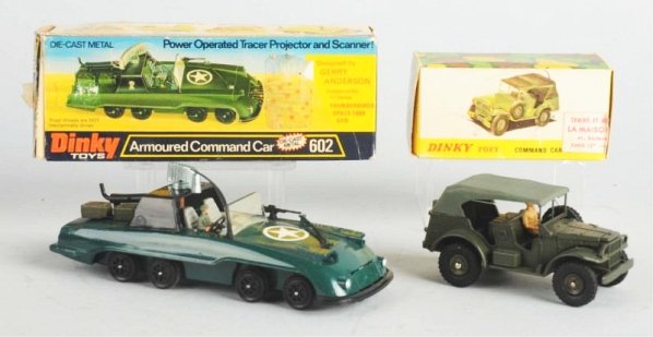 Lot of 2: Die Cast Dinky Military Vehicles.: A No.810 Command car and a No.602 Armored command car. Both have original boxes. There is some tape on one of the boxes. Condition (Very Good). Size Largest Box: 6 - 1/4" L.