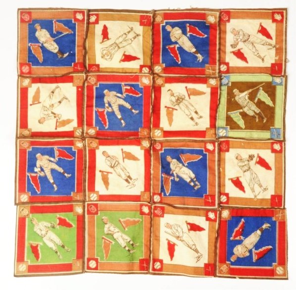 Early Vintage Felt Baseball Blanket Squares.: Includes sixteen various squares of early baseball players including Gandil, Doyle, Burns, and hall of famer, Walter Johnson. Sewn together. Some minor soiling and wear. Condition (Very Good - Excelle