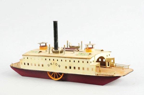 German Bing Hand Painted Union Ferry Boat Toy.: Paddle wheel. Largest version. Has Bing emblem GBN Bavaria emblem on top roof. Paint looks to be original but there is some water staining and wear. Has the clockwork mechanism. Boat looks repainted o