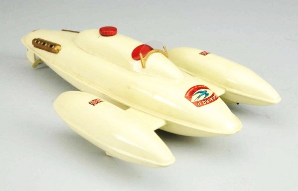 Lot of 2: German Toys.: First is a Sutcliffe tin wind-up blue bird two speed boat. All original. With very nice blue bird decal on front. Comes with original box. Second is a Goma Dare Devil toy. Has original car and key. Ca
