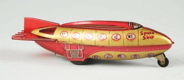 English Tin Litho Friction Space Ship Toy.: Made out of tin and plastic. Marked "Made in Gt. Britain" on one side. Tin litho passengers on both sides. Friction mechanism is frozen. Minor scratching and wear to top. Condition (Very Good). Size 9