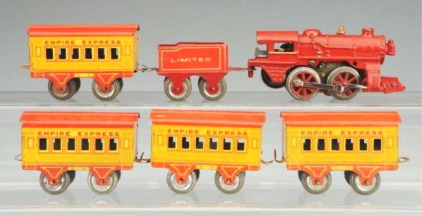 Empire Express Train Set.: Set is complete with cast iron clockwork engine and tender and four original passenger cars. Set does have some scratching and play wear. Condition (Very Good - Excellent).