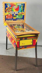 Gottlieb's Whirl-Wind Pinball Machine with Keys.: (1957). Easy to medium difficulty to acquire. Has reel scoring. Backglass has slight crazing and beginning of paint peeling. Playfield has some wear and plastics are slightly discolored and slightly