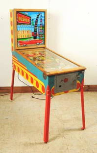 Williams Gusher Pinball Machine (1958).: Woodrail machine. Features a disappearing bumper. Back glass is original and shows some flaking. Playfield plastics are warped and show paint loss. Single player. Cabinet is original with some paint