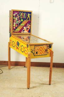 Williams Perky Pinball Machine (1957).: Rare game with artwork done by Charles Leroy Parker of Gottlieb Frame: Unusual play field design. Play field plastics are original and show some flaking. Back glass is original but shows some